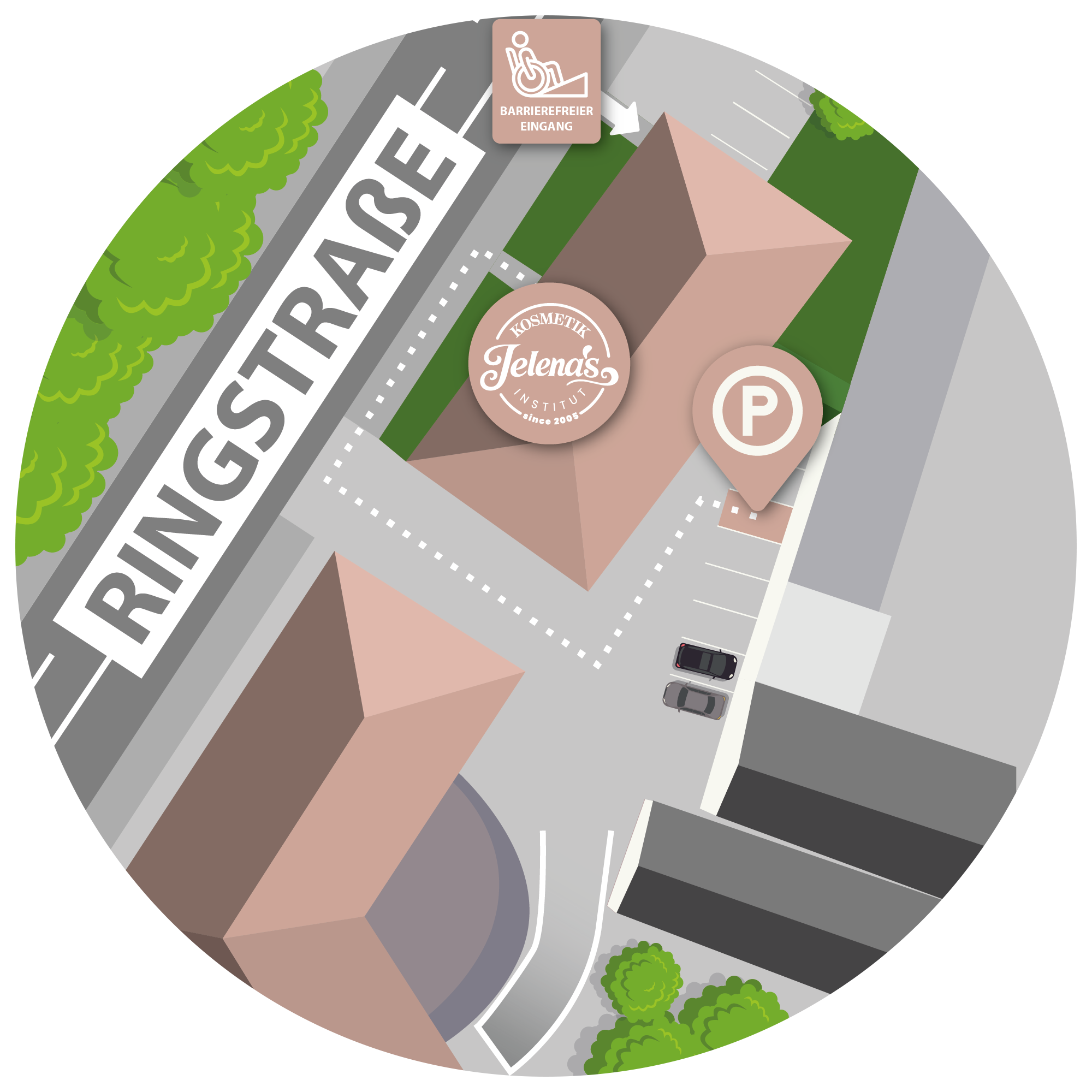 Runder Lageplan: Kundenparkplatz Jelena's Kosmetikinstitut Kettwig